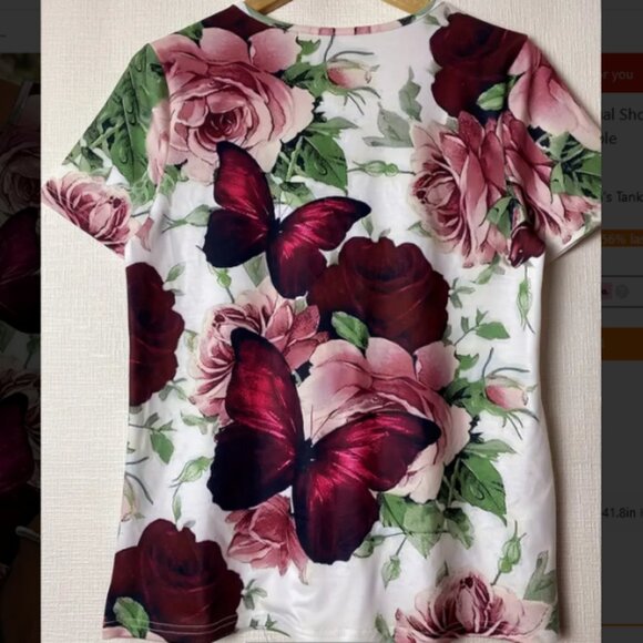 Women's Charming Vintage Floral & Butterfly Motifs Shortsleeve Tee Size L NIB - Picture 3 of 3